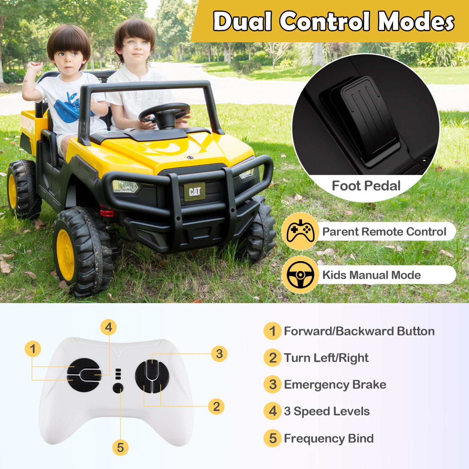 24V Ride On Dump Truck Licensed Caterpillar 2-Seater for Girls Boys, Yellow Powered Ride On Toys at Gallery Canada