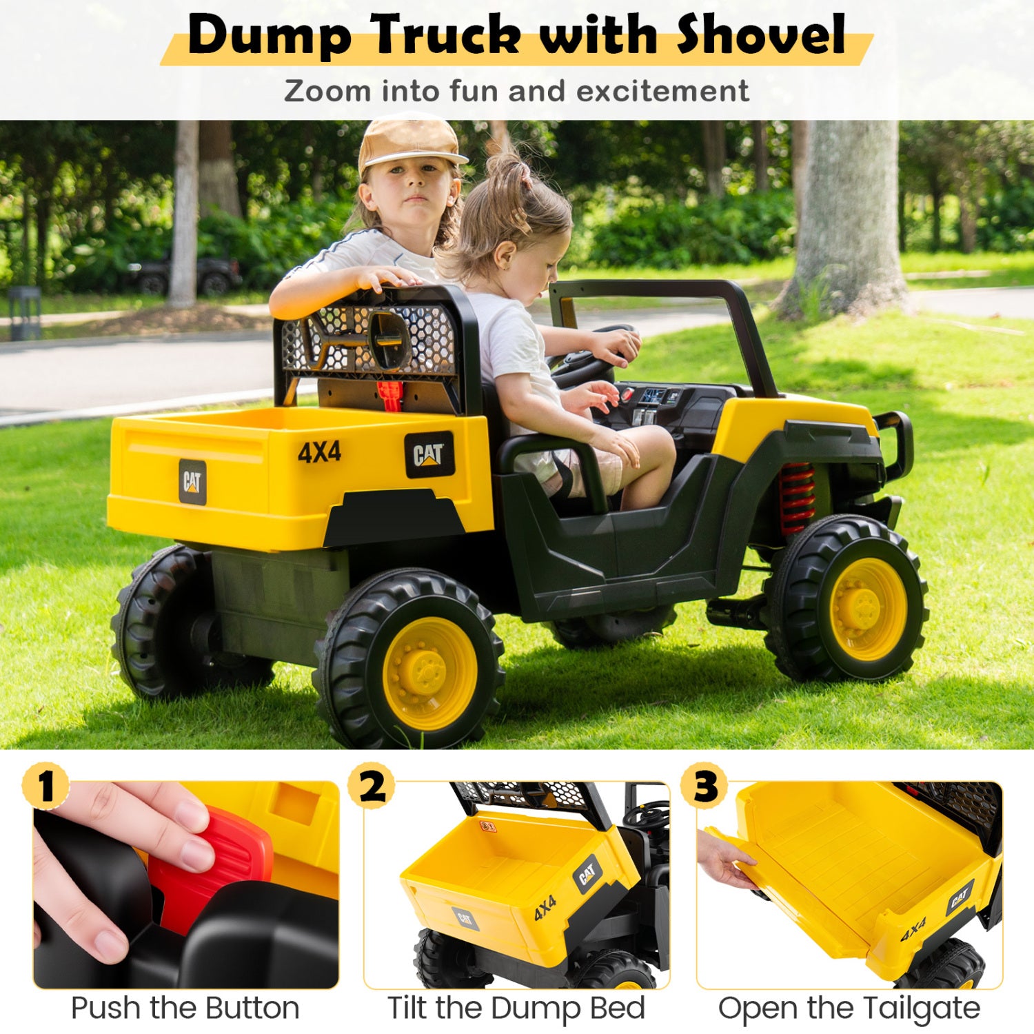 24V Ride On Dump Truck Licensed Caterpillar 2-Seater for Girls Boys, Yellow Powered Ride On Toys at Gallery Canada