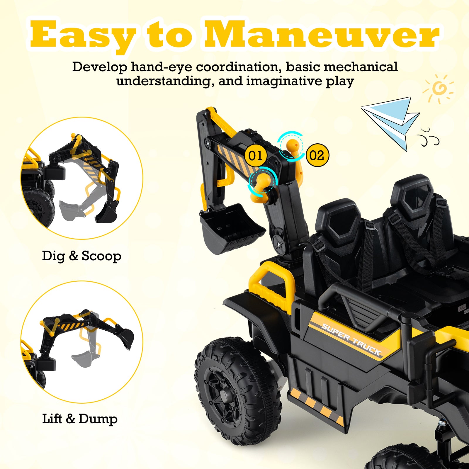 24V Ride On Excavator, 4WD 2-Seater, Remote Control, Digging Arm, Yellow Powered Ride On Toys at Gallery Canada