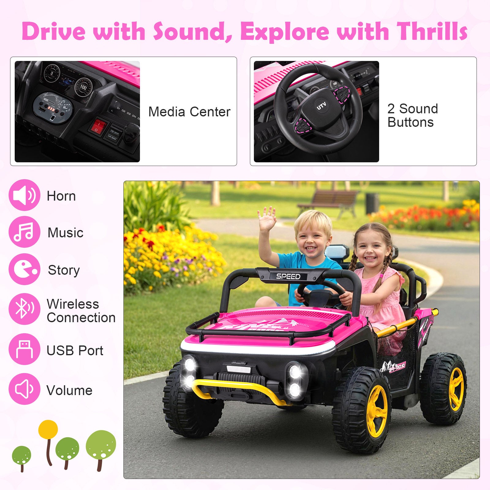 24V Ride on Toy for Kids 2 Seater Ride on Truck Car with Horn Music Story, Pink Powered Ride On Toys at Gallery Canada