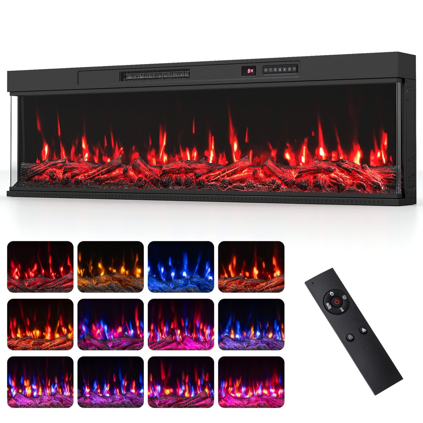3-Sided Electric Fireplace Insert, 60 Inch, 12, Flame Colors