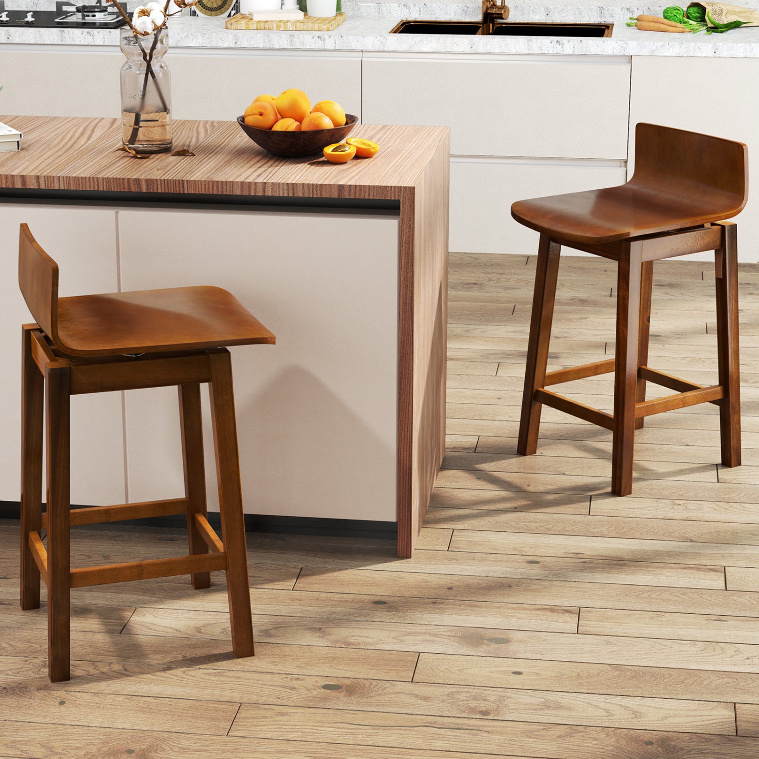 24.5 Inch Swivel Wooden Bar Stools, Set of 2, Walnut Bar Stools at Gallery Canada