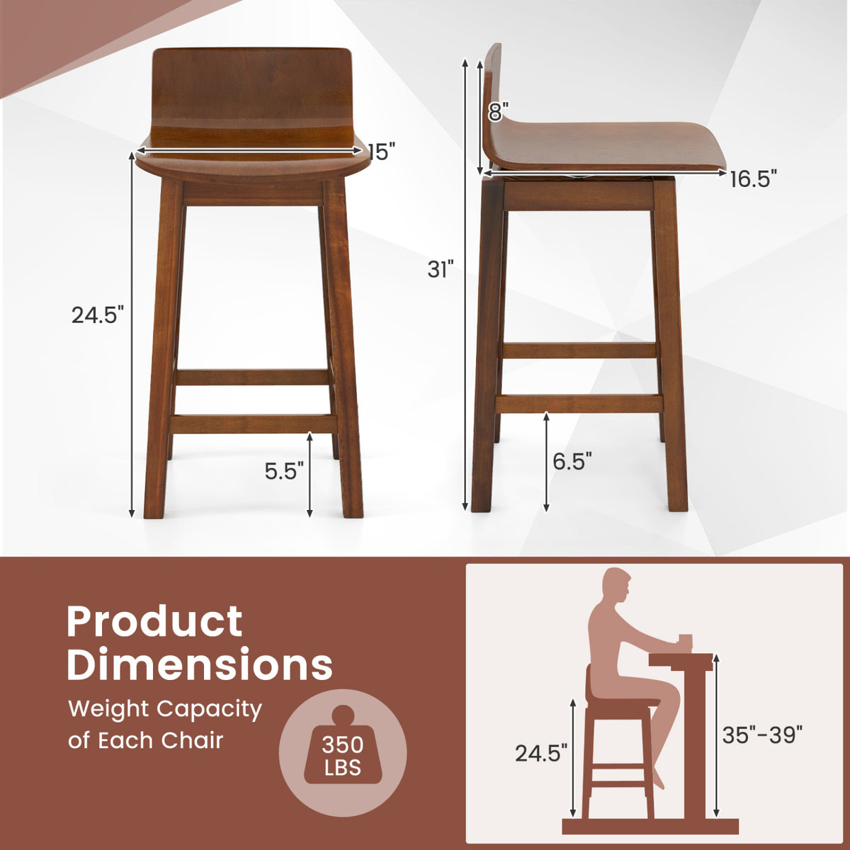 24.5 Inch Swivel Wooden Bar Stools, Set of 2, Walnut Bar Stools at Gallery Canada