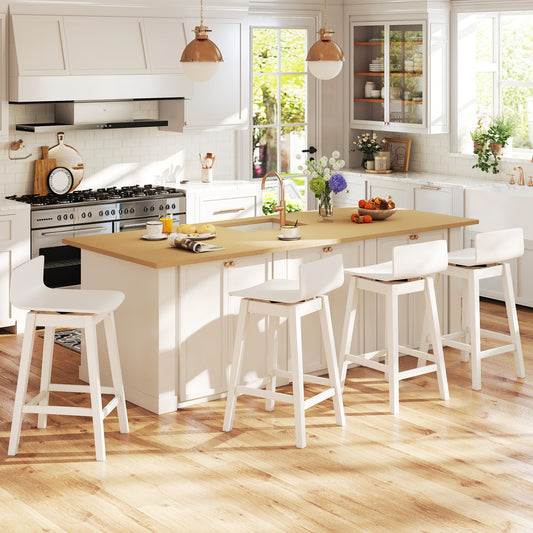 24.5 Inch Swivel Wooden Bar Stools Set of 4 with Rubber Wood Legs and Low Back, White Bar Stools White at Gallery Canada