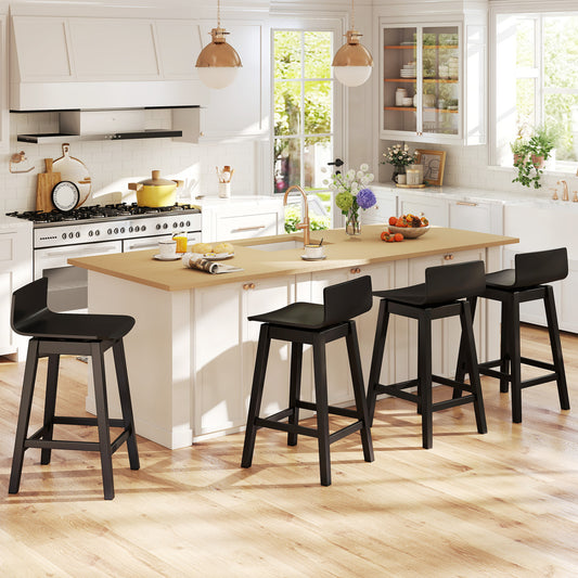 24.5 Inch Swivel Wooden Bar Stools Set of 4 with Rubber Wood Legs and Low Back, Black Bar Stools Black at Gallery Canada