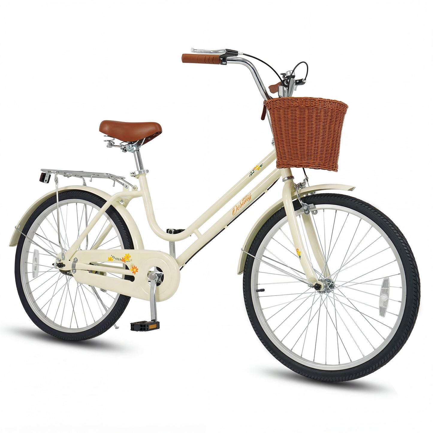 24 Inch Beach Cruiser Bike for Women with Woven Basket and Rear Rack - Beige, Beige Kids Bike Beige at Gallery Canada