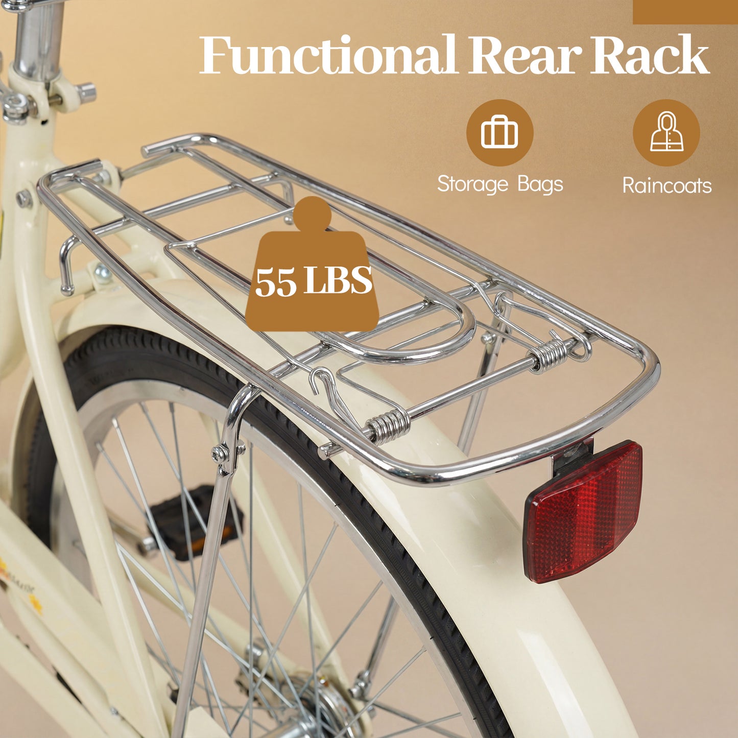 24 Inch Beach Cruiser Bike for Women with Woven Basket and Rear Rack - Beige, Beige Kids Bike at Gallery Canada