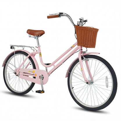 24-Inch Beach Cruiser Bike for Women with Woven Basket and Rear Rack - Pink, Pink Kids Bike Pink at Gallery Canada