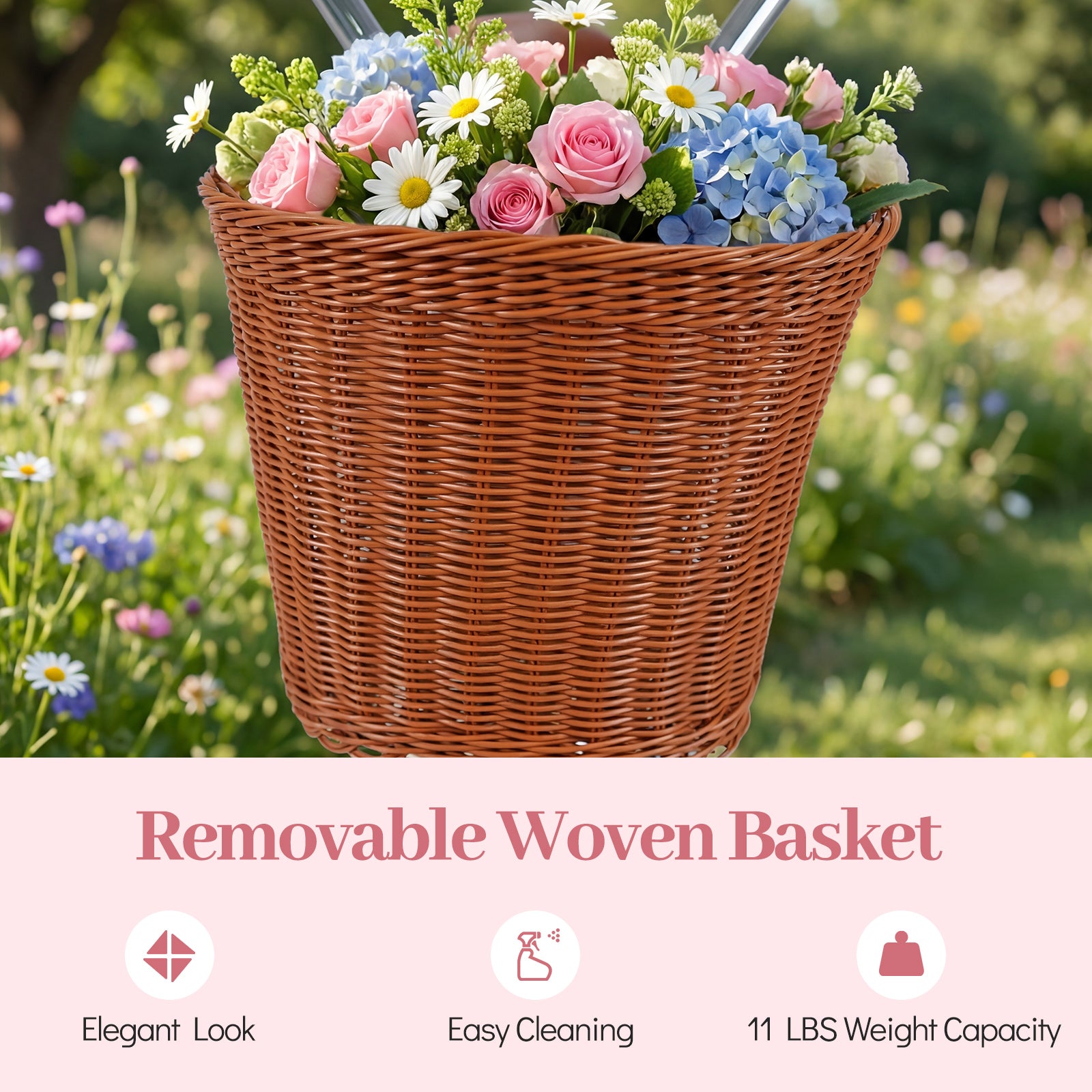 24-Inch Beach Cruiser Bike for Women with Woven Basket and Rear Rack - Pink, Pink Kids Bike at Gallery Canada