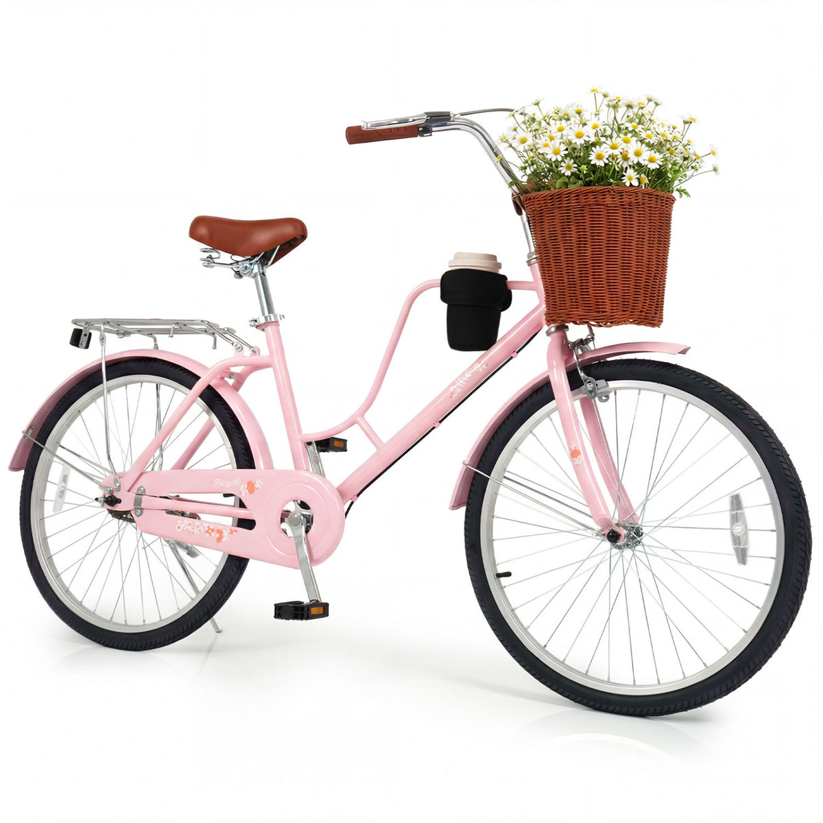 24-Inch Beach Cruiser Bike with Cup Holder and Woven Basket - Pink, Pink Kids Bike Pink at Gallery Canada