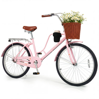 24-Inch Beach Cruiser Bike with Cup Holder and Woven Basket - Pink, Pink Kids Bike Pink at Gallery Canada