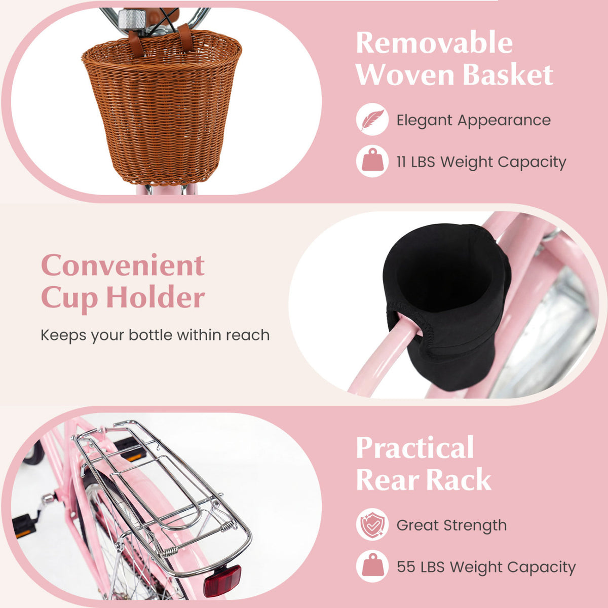 24-Inch Beach Cruiser Bike with Cup Holder and Woven Basket - Pink, Pink Kids Bike at Gallery Canada