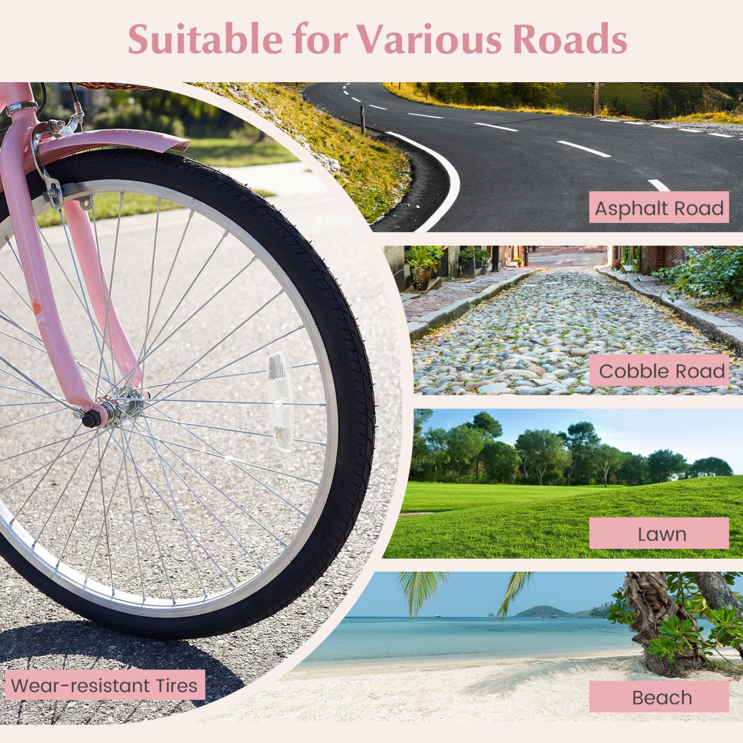 24-Inch Beach Cruiser Bike with Cup Holder and Woven Basket - Pink, Pink Kids Bike at Gallery Canada