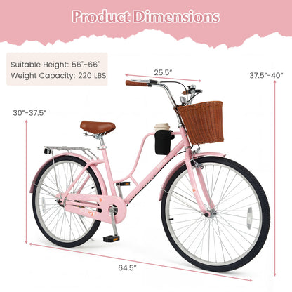 24-Inch Beach Cruiser Bike with Cup Holder and Woven Basket - Pink, Pink Kids Bike at Gallery Canada