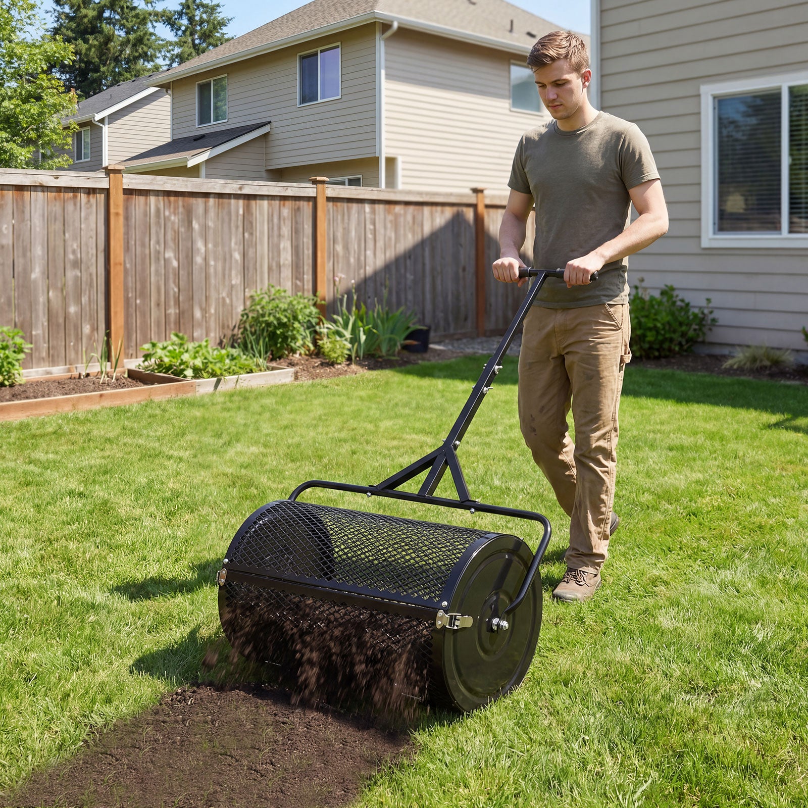 24 Inch Compost Spreader, Peat Moss Roller, Height-Adjustable Handle, Black Lawn Care Tools at Gallery Canada