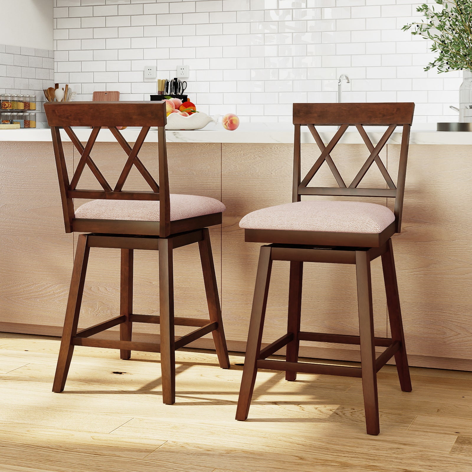 24 Inch Counter Height Barstools with Backrest and Upholstered Seat Cushion for Kitchen Dining Room, Oak Bar Stools at Gallery Canada