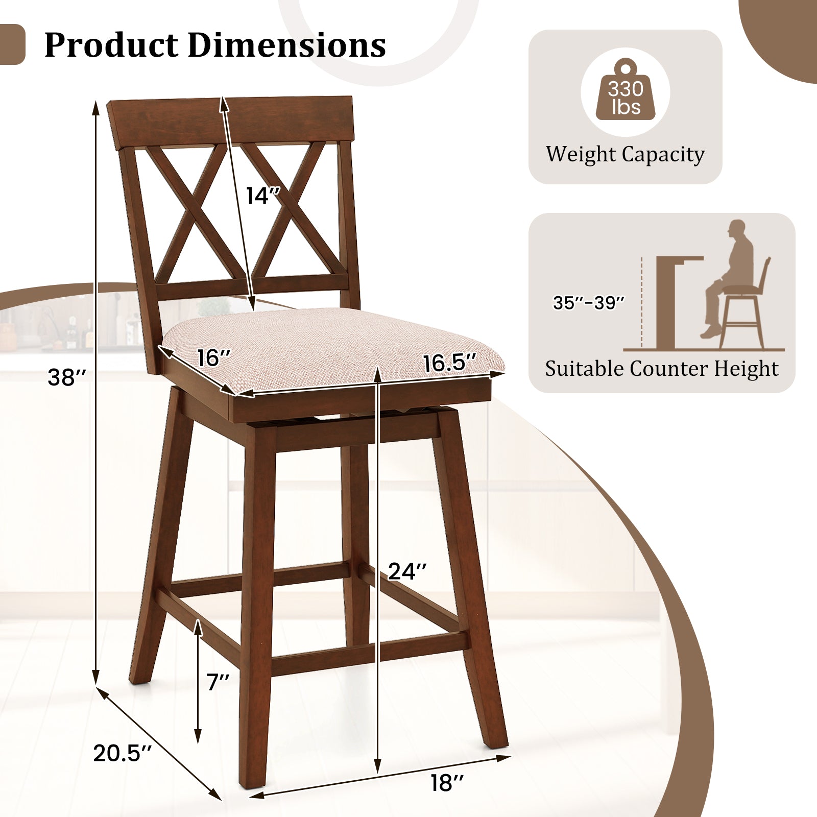 24 Inch Counter Height Barstools with Backrest and Upholstered Seat Cushion for Kitchen Dining Room, Oak Bar Stools at Gallery Canada