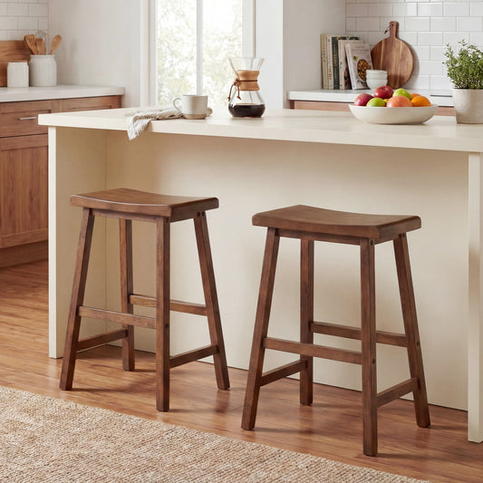 24 Inch Solid Wood Saddle Bar Stools, Set of 2, Brown Bar Stools Brown at Gallery Canada