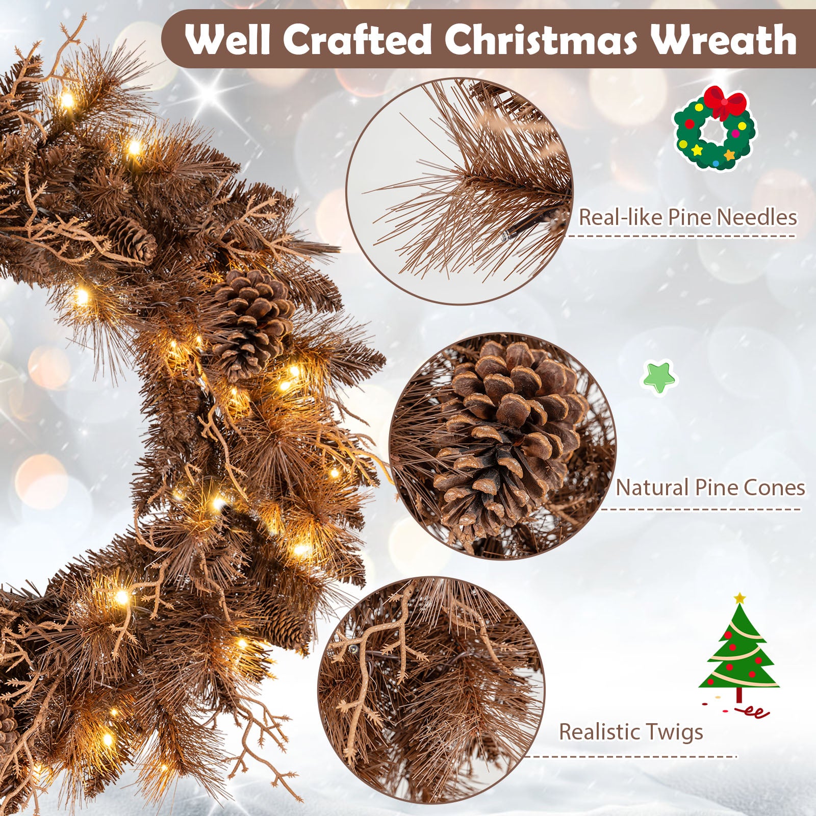 24 Inch Pre-lit Christmas Wreath with 105 Branch Tips and 35 Warm White LED Lights-2 pieces Christmas Decor & Accessories at Gallery Canada
