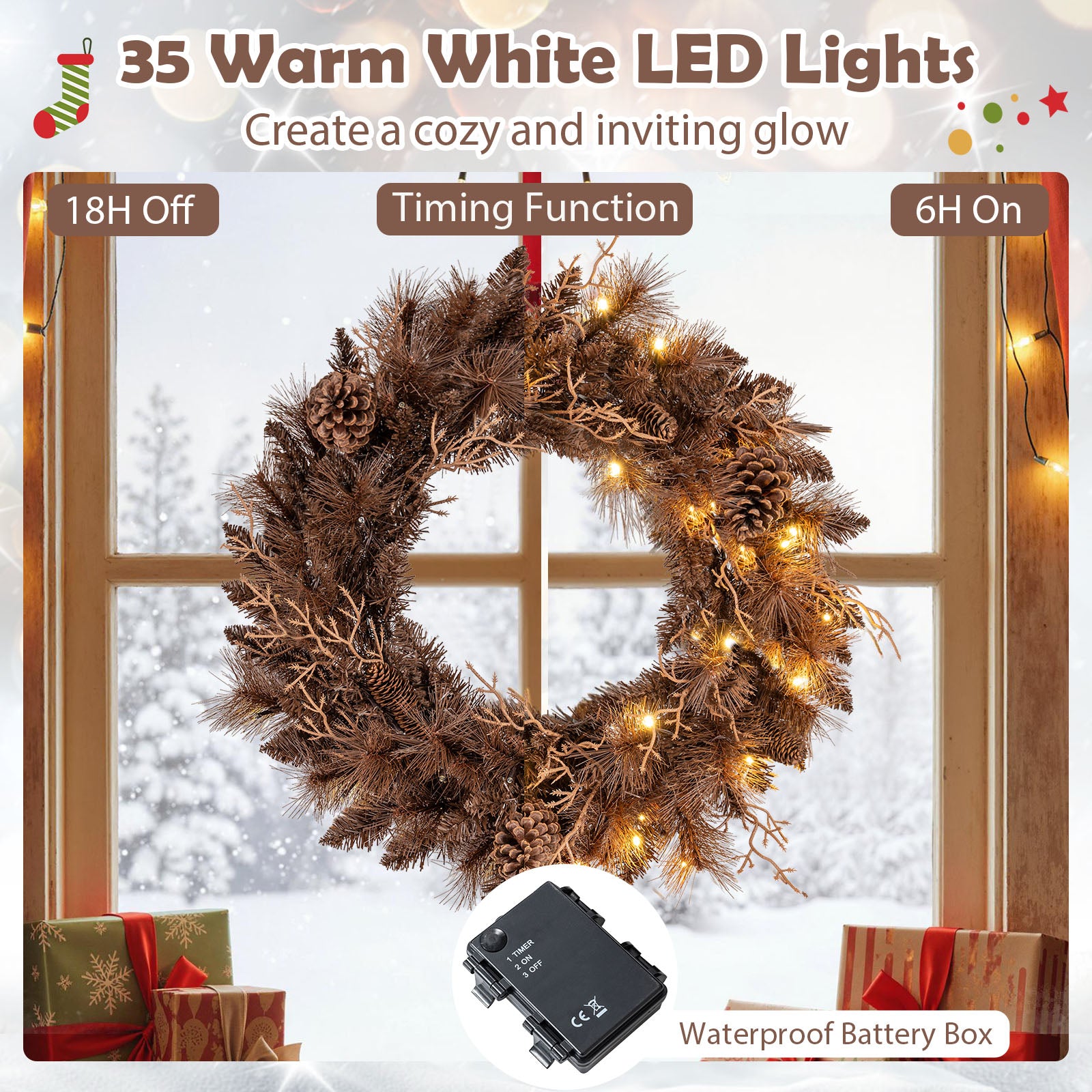 24 Inch Pre-lit Christmas Wreath with 105 Branch Tips and 35 Warm White LED Lights-2 pieces Christmas Decor & Accessories at Gallery Canada