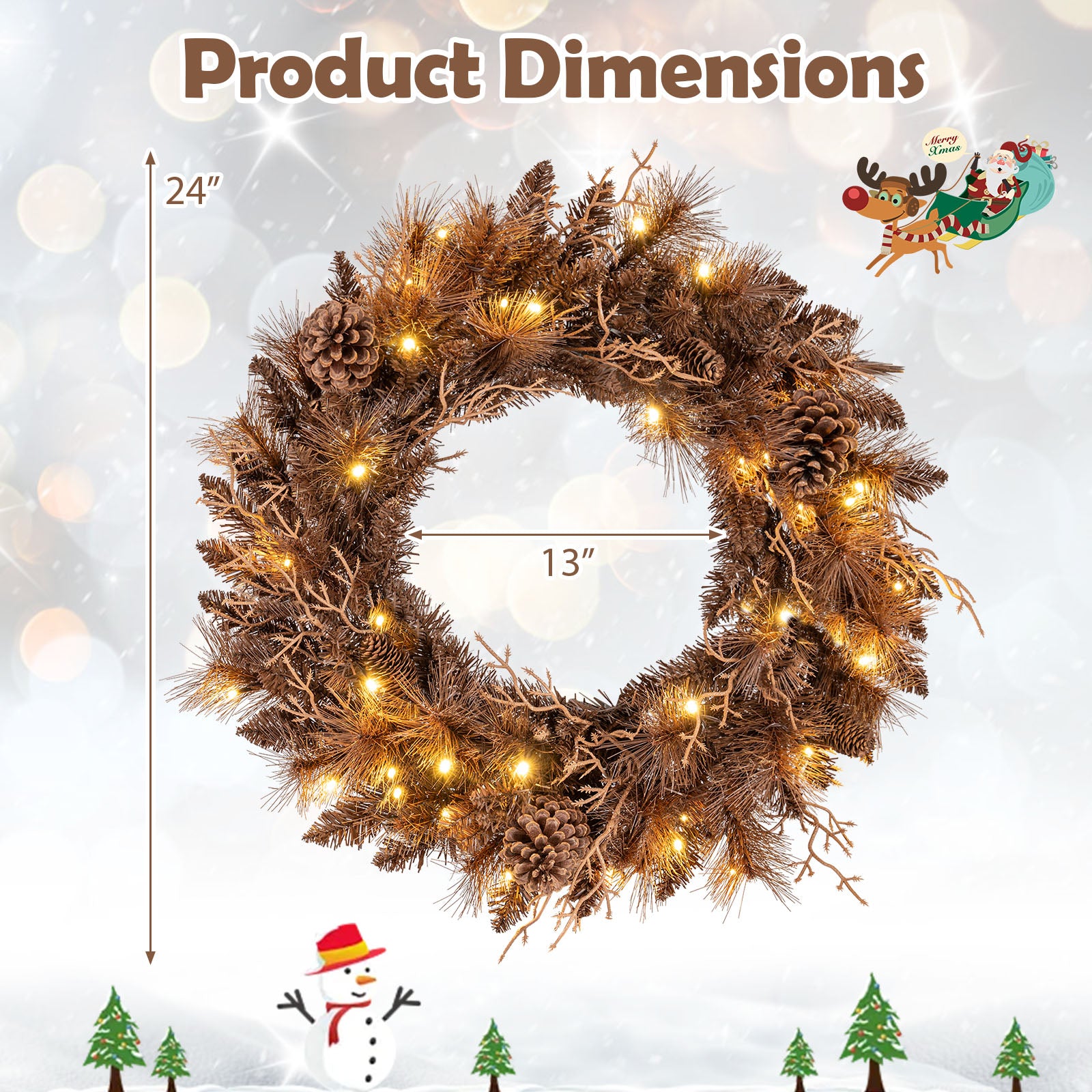 24 Inch Pre-lit Christmas Wreath with 105 Branch Tips and 35 Warm White LED Lights-2 pieces Christmas Decor & Accessories at Gallery Canada