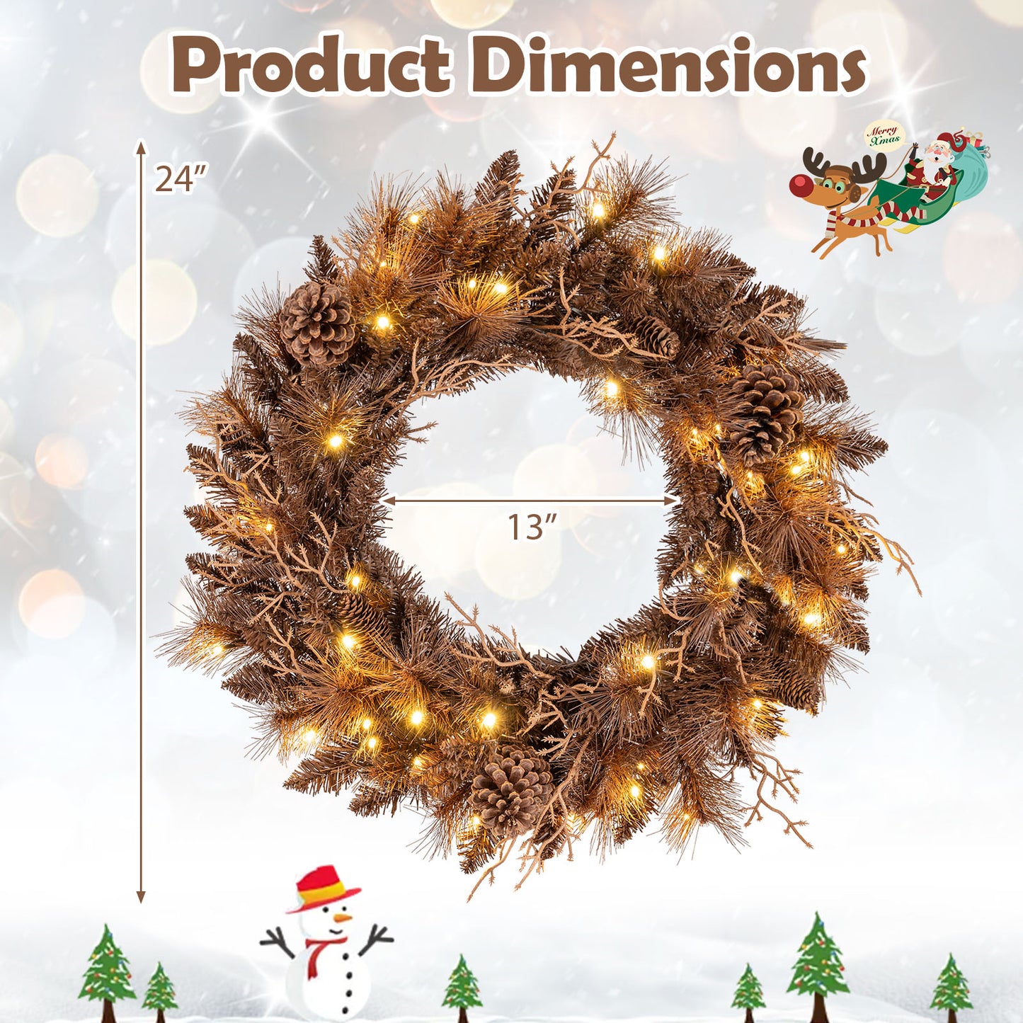 24 Inch Pre-lit Christmas Wreath with 105 Branch Tips and 35 Warm White LED Lights-2 pieces Christmas Decor & Accessories at Gallery Canada