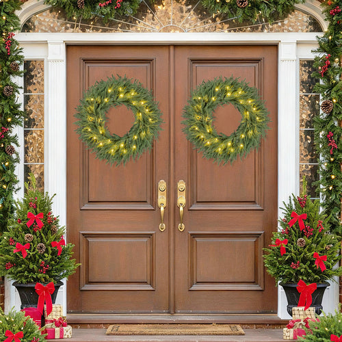 24 Inch Pre-lit Christmas Wreath with 108 Branch Tips and 35 Warm White LED Lights for Wall Window-2 piece