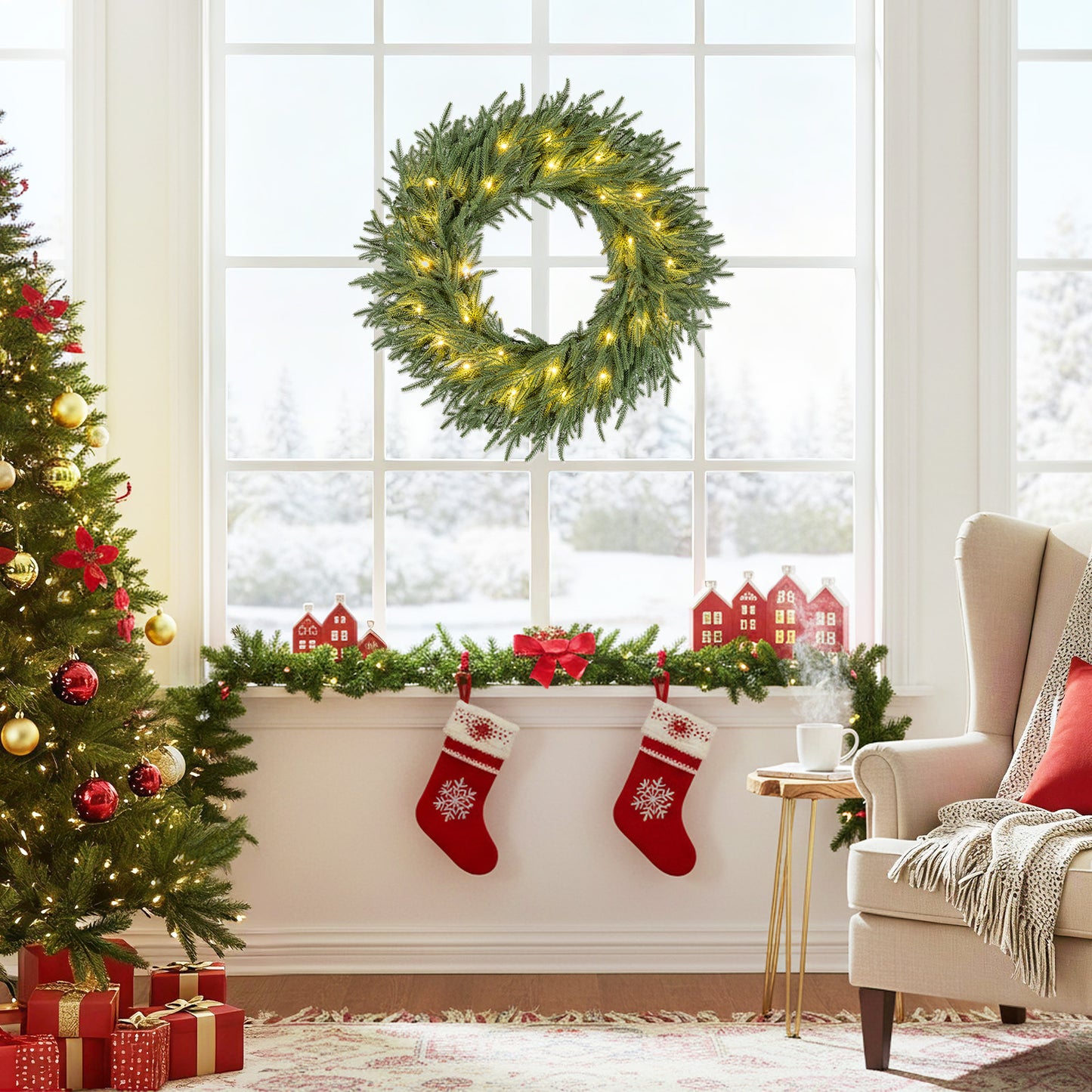 24 Inch Pre-lit Christmas Wreath with 108 Branch Tips and 35 Warm White LED Lights for Wall Window-2 piece Christmas Decor & Accessories at Gallery Canada