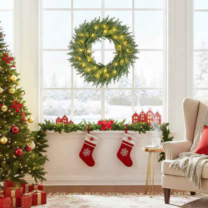 24 Inch Pre-lit Christmas Wreath with 108 Branch Tips and 35 Warm White LED Lights for Wall Window-2 piece Christmas Decor & Accessories at Gallery Canada