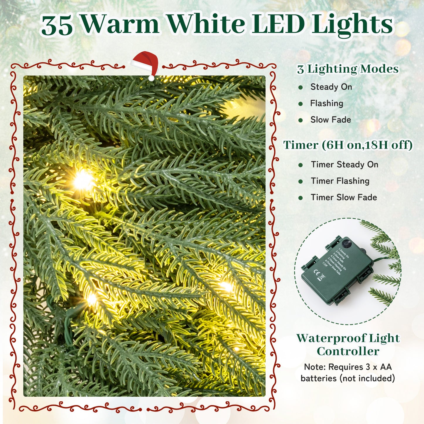 24 Inch Pre-lit Christmas Wreath with 108 Branch Tips and 35 Warm White LED Lights for Wall Window-2 piece Christmas Decor & Accessories at Gallery Canada