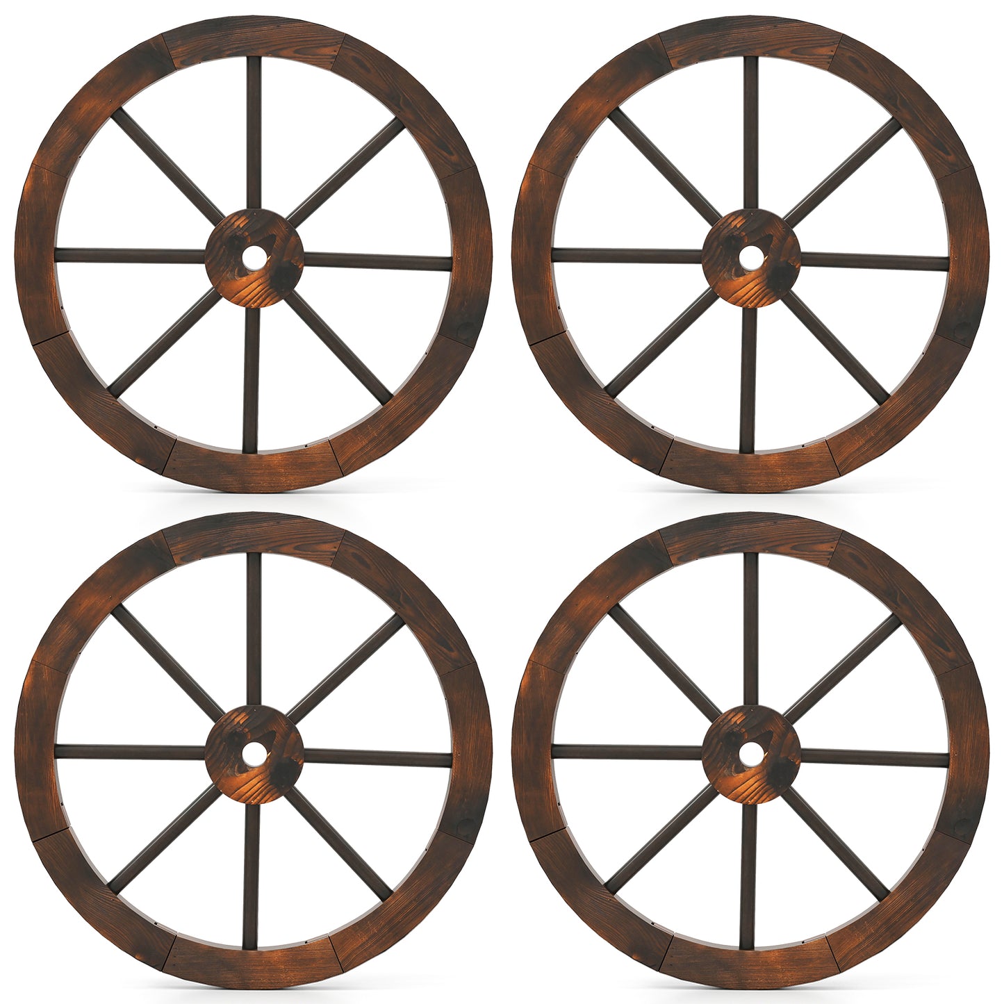 24 Inch Set of 4 Decorative Wooden Wagon Wheel Carbonized Solid Fir Wood, Rustic Brown Outdoor Decor Rustic Brown at Gallery Canada