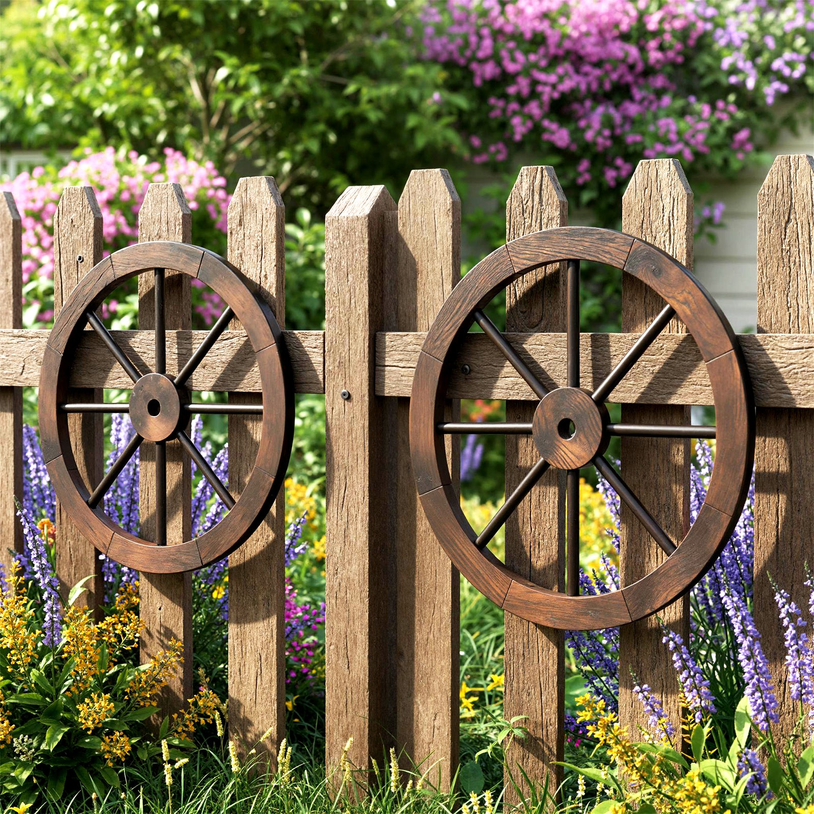 24 Inch Set of 4 Decorative Wooden Wagon Wheel Carbonized Solid Fir Wood, Rustic Brown Outdoor Decor at Gallery Canada