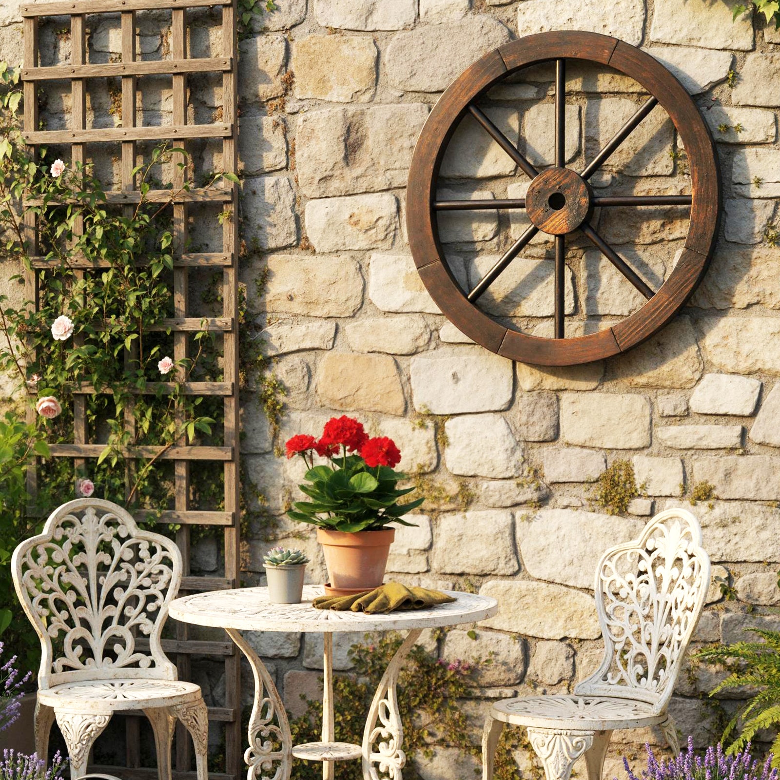 24 Inch Set of 4 Decorative Wooden Wagon Wheel Carbonized Solid Fir Wood, Rustic Brown Outdoor Decor at Gallery Canada