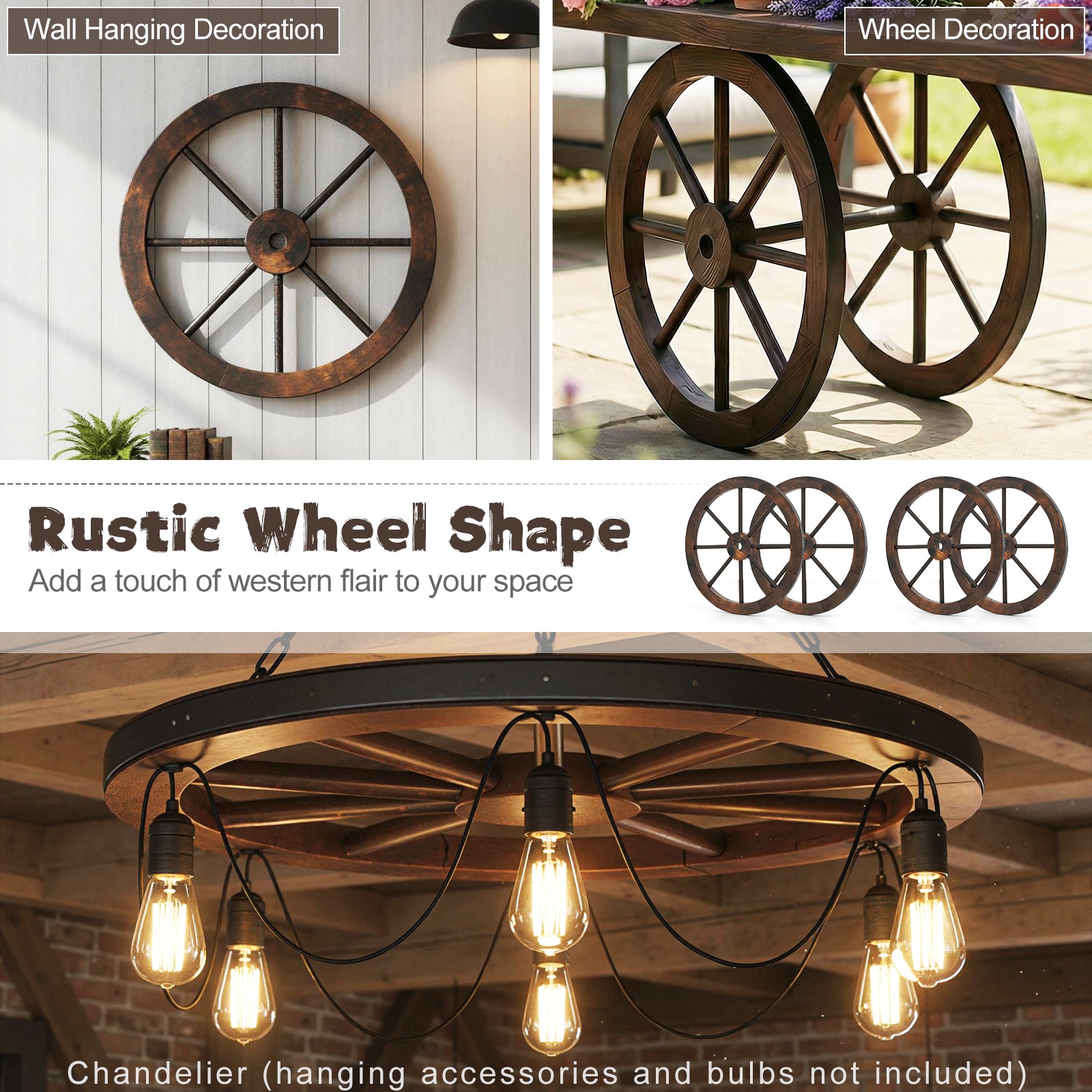 24 Inch Set of 4 Decorative Wooden Wagon Wheel Carbonized Solid Fir Wood, Rustic Brown Outdoor Decor at Gallery Canada