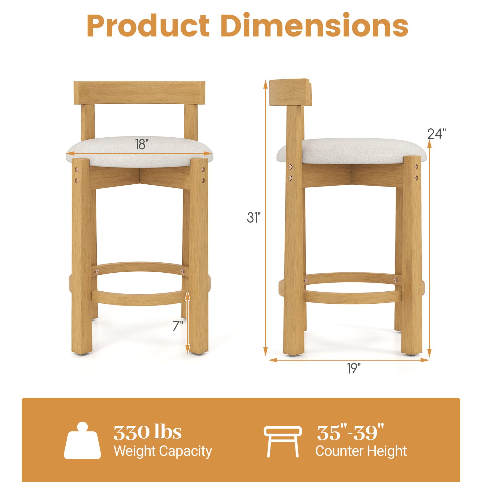 24 Inch Teddy Velvet Counter Height Bar Stools, Set of 2, White Bar Stools at Gallery Canada