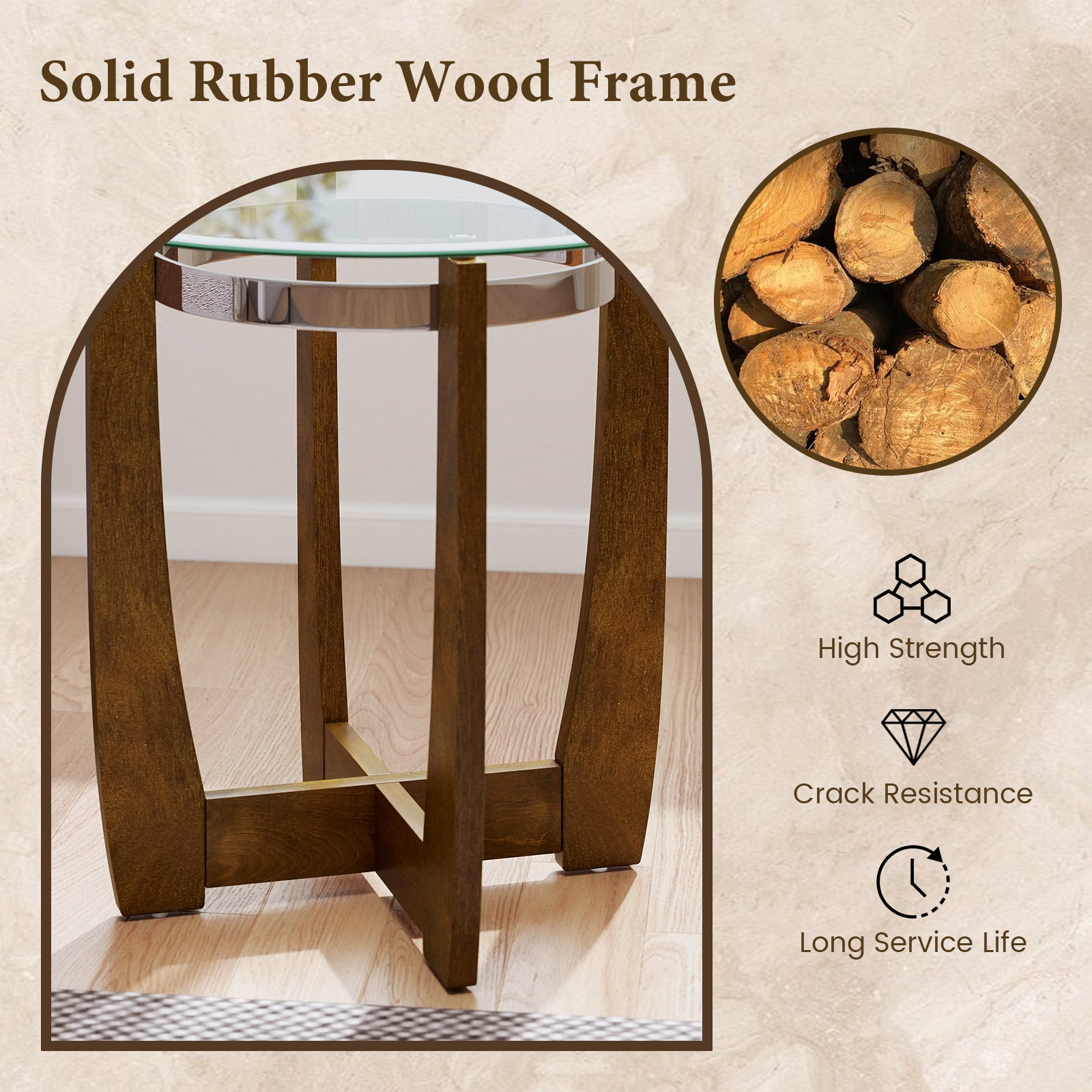 24 Inches Round Side Table with Tempered Glass Top and Solid Rubber Wood Base, Walnut End & Side Tables at Gallery Canada