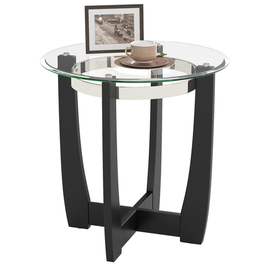 24 Inches Round Side Table with Tempered Glass Top and Solid Rubber Wood Base, Black End & Side Tables Black at Gallery Canada