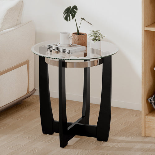 24 Inches Round Side Table with Tempered Glass Top and Solid Rubber Wood Base, Black