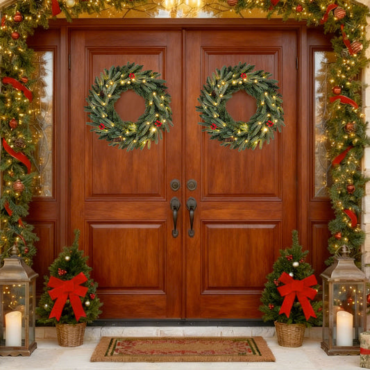 24” Pre-lit Christmas Wreath Set of 2 Front Door Artificial Xmas Wreath with 90 Frosted Branch Tips Christmas Decor & Accessories Options at Gallery Canada
