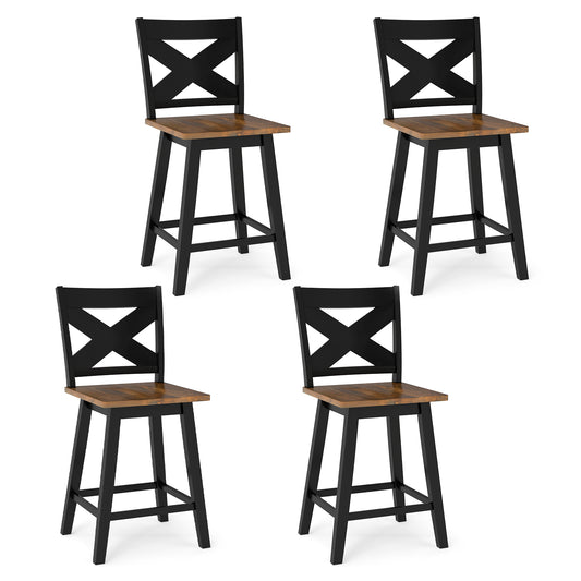 24" Rubberwood Swivel Barstools Set of 4 with Backrest and Large Seat, Black Bar Stools Black at Gallery Canada