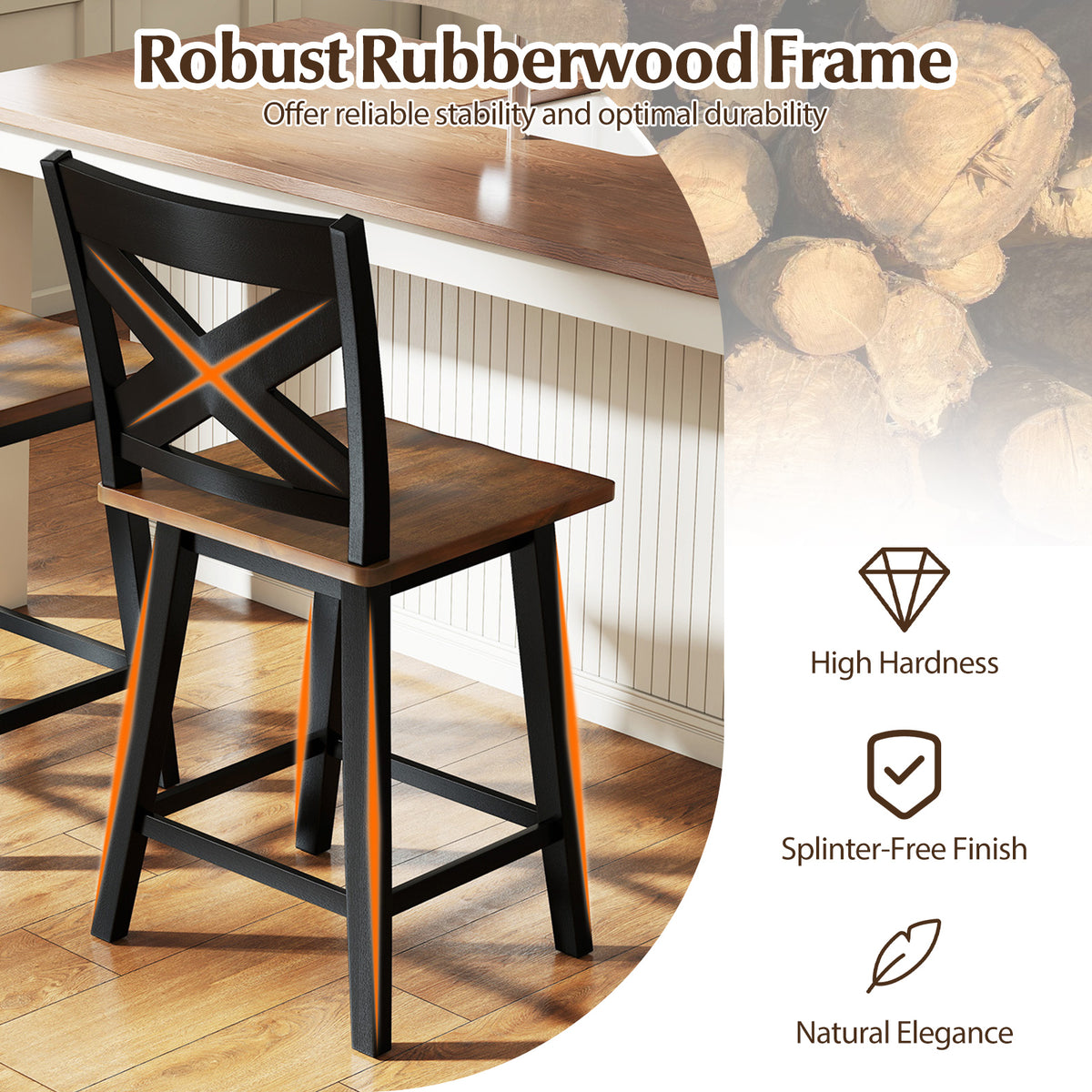 24" Rubberwood Swivel Barstools Set of 2 with Backrest and Large Seat, Black Bar Stools at Gallery Canada