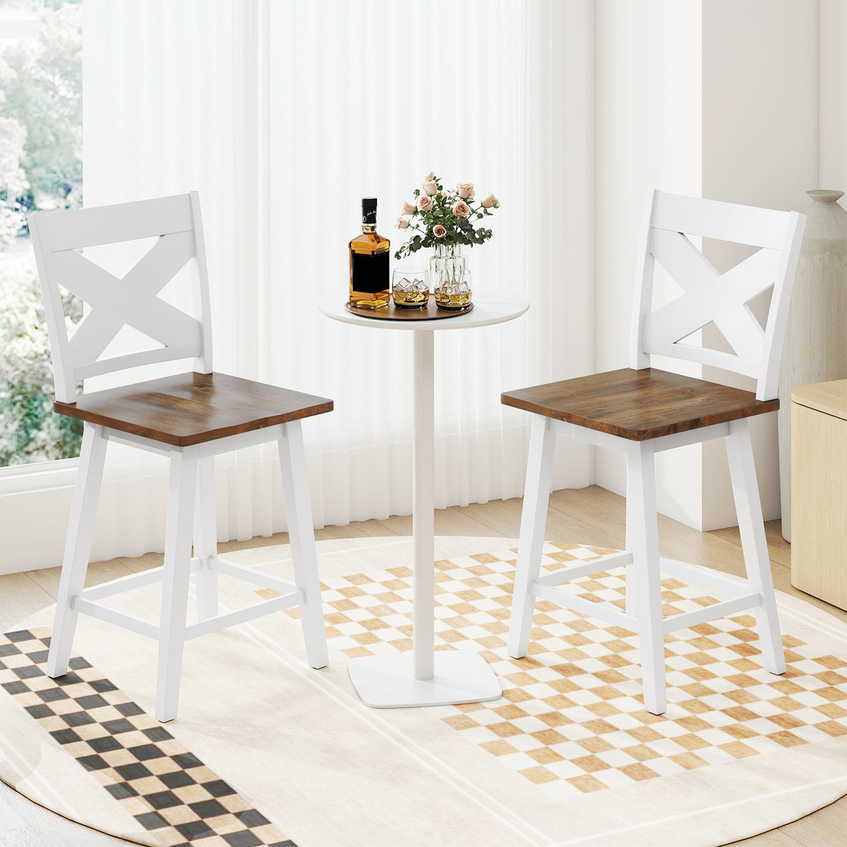 24" Rubberwood Swivel Barstools Set of 2 with Backrest and Large Seat, White Bar Stools at Gallery Canada