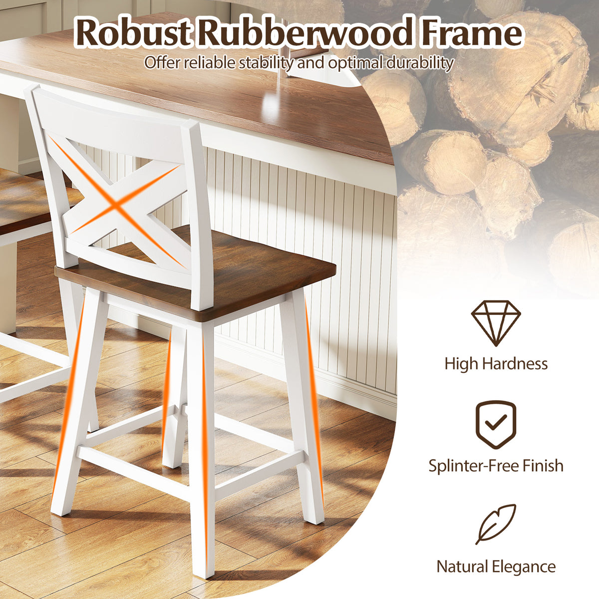 24" Rubberwood Swivel Barstools Set of 2 with Backrest and Large Seat, White Bar Stools at Gallery Canada
