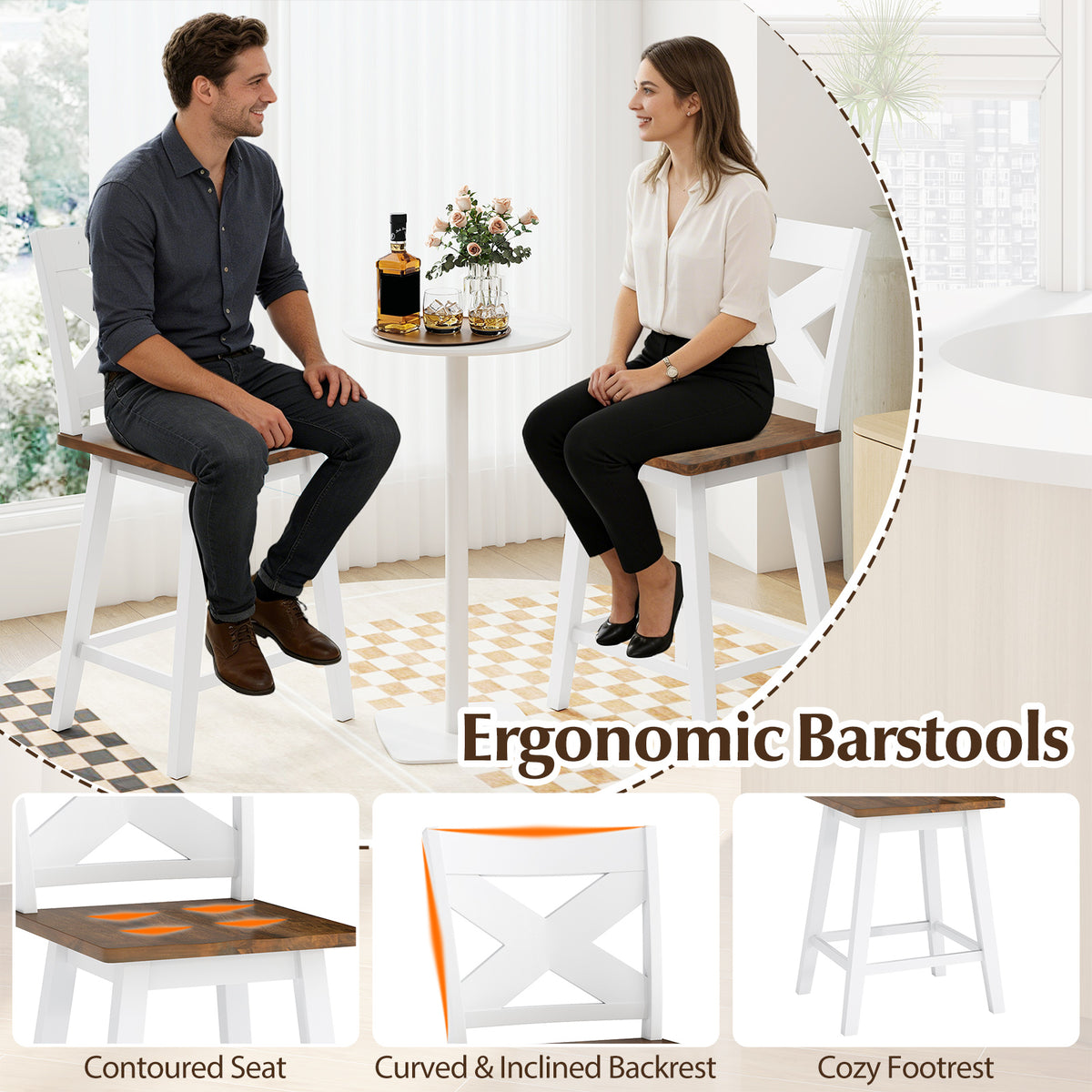 24" Rubberwood Swivel Barstools Set of 2 with Backrest and Large Seat, White Bar Stools at Gallery Canada