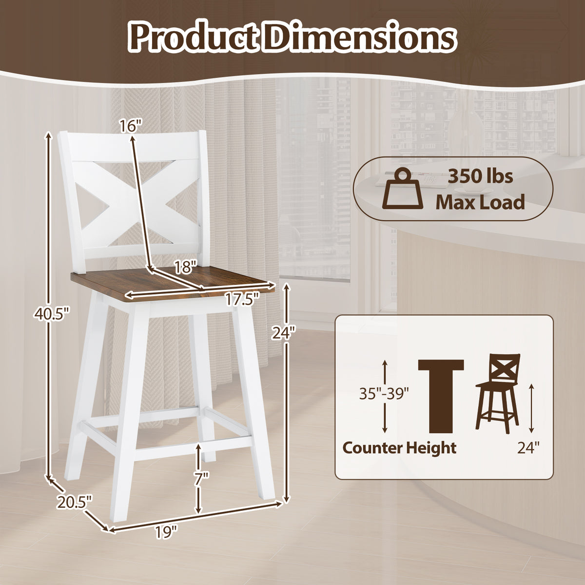 24" Rubberwood Swivel Barstools Set of 2 with Backrest and Large Seat, White Bar Stools at Gallery Canada
