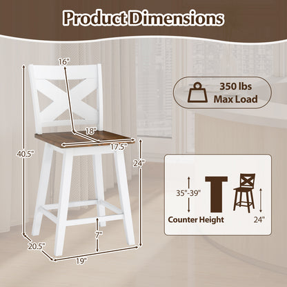 24" Rubberwood Swivel Barstools Set of 2 with Backrest and Large Seat, White Bar Stools at Gallery Canada