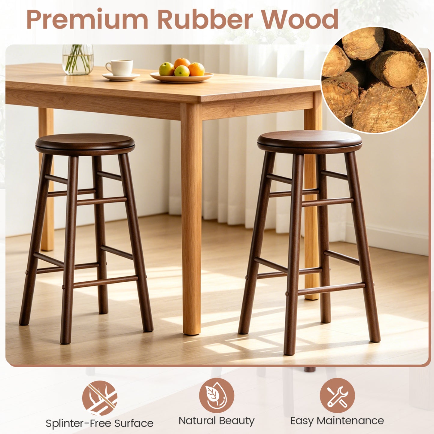 24" Swivel Bar Stools Set of 2 with Footrests, Walnut Bar Stools at Gallery Canada