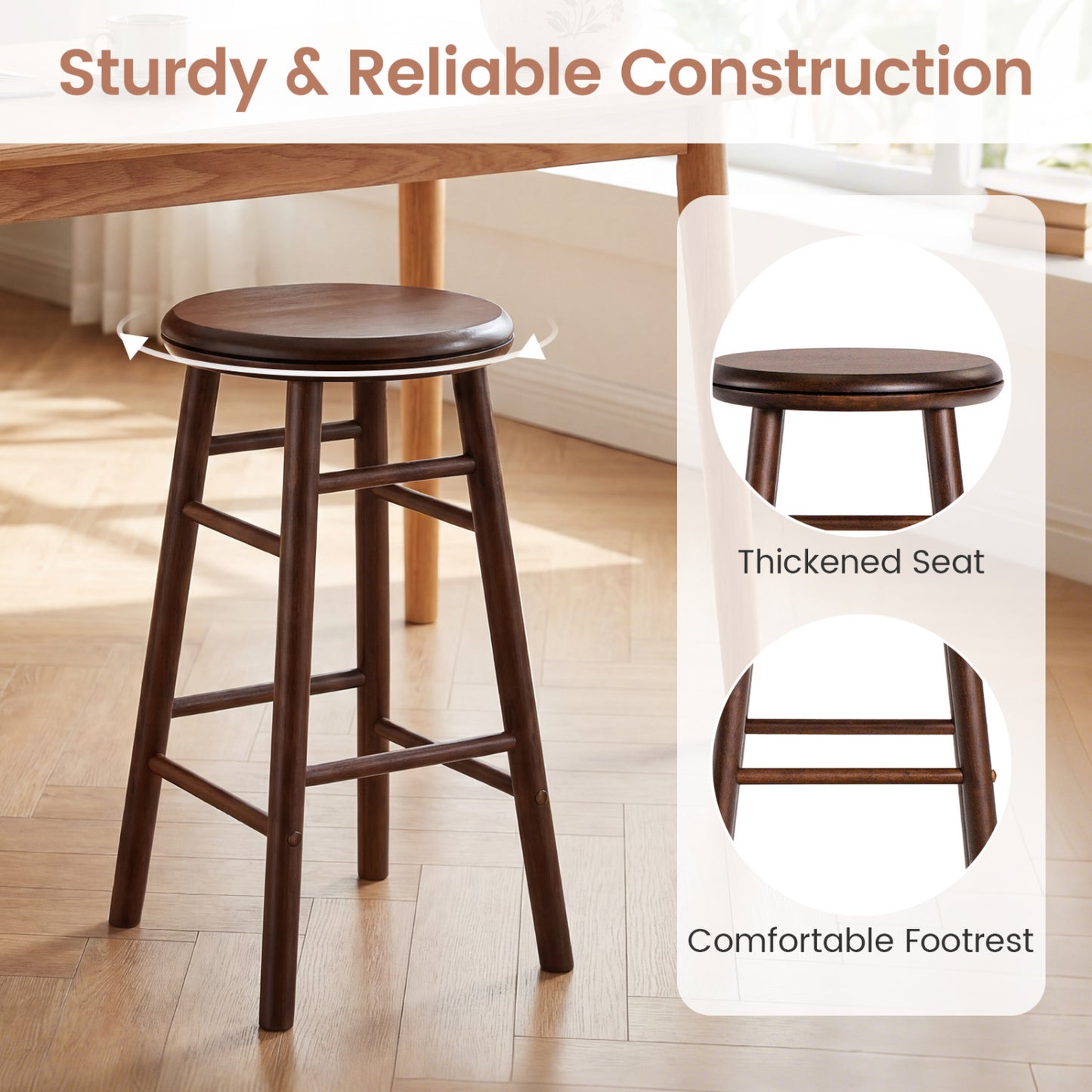 24" Swivel Bar Stools Set of 2 with Footrests, Walnut Bar Stools at Gallery Canada