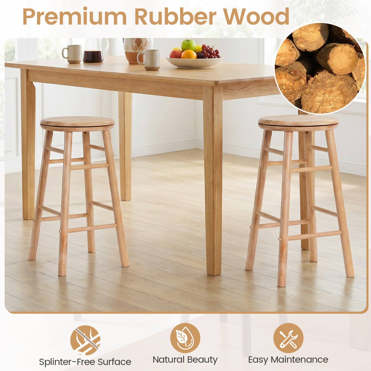 24" Swivel Bar Stools Set of 2, Natural Bar Stools at Gallery Canada