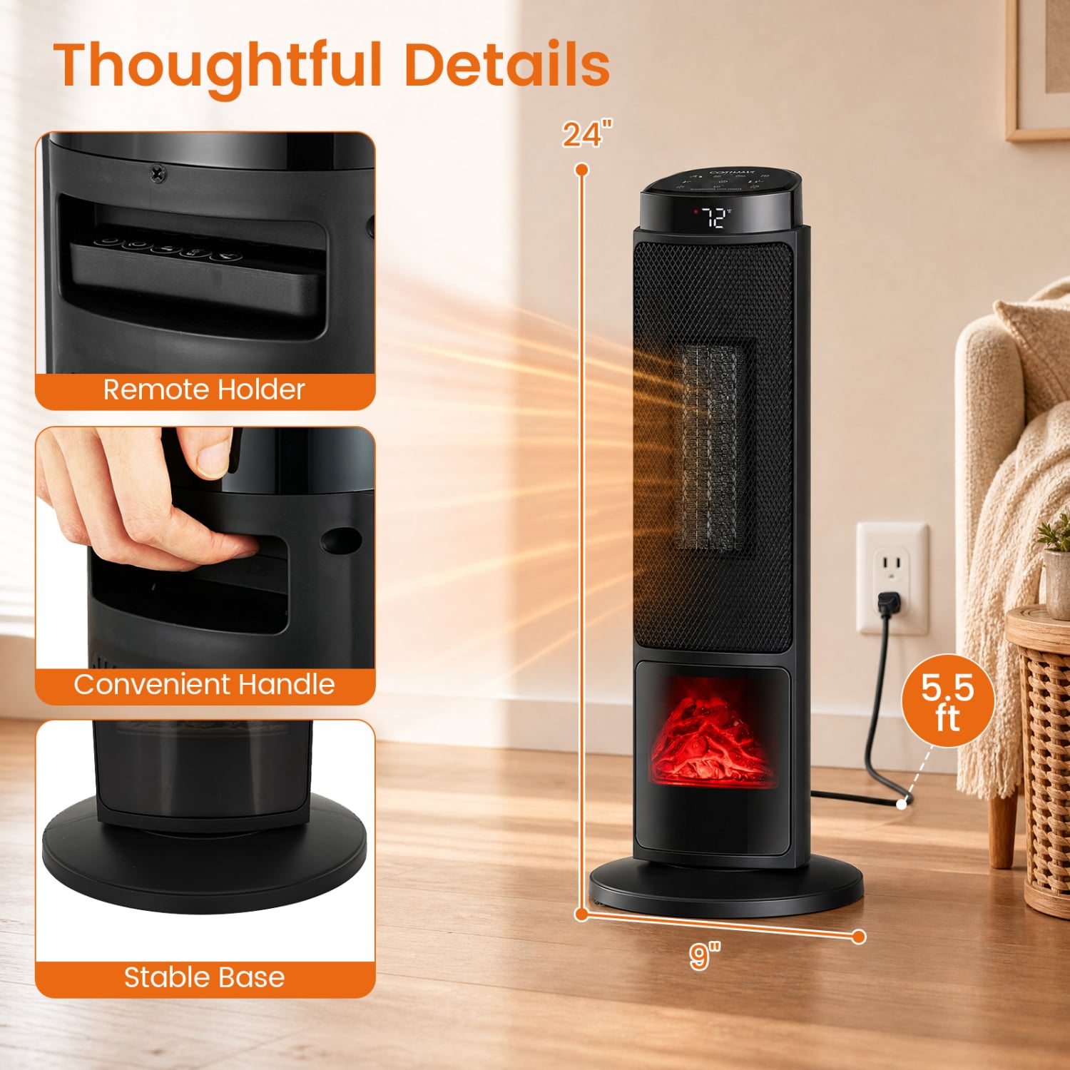 24 Inch 1500W PTC Ceramic Tower Heater, Black Space Heaters at Gallery Canada